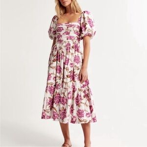 Abercrombie & Fitch Emerson Poplin Puff Sleeve Purple Floral Midi Dress